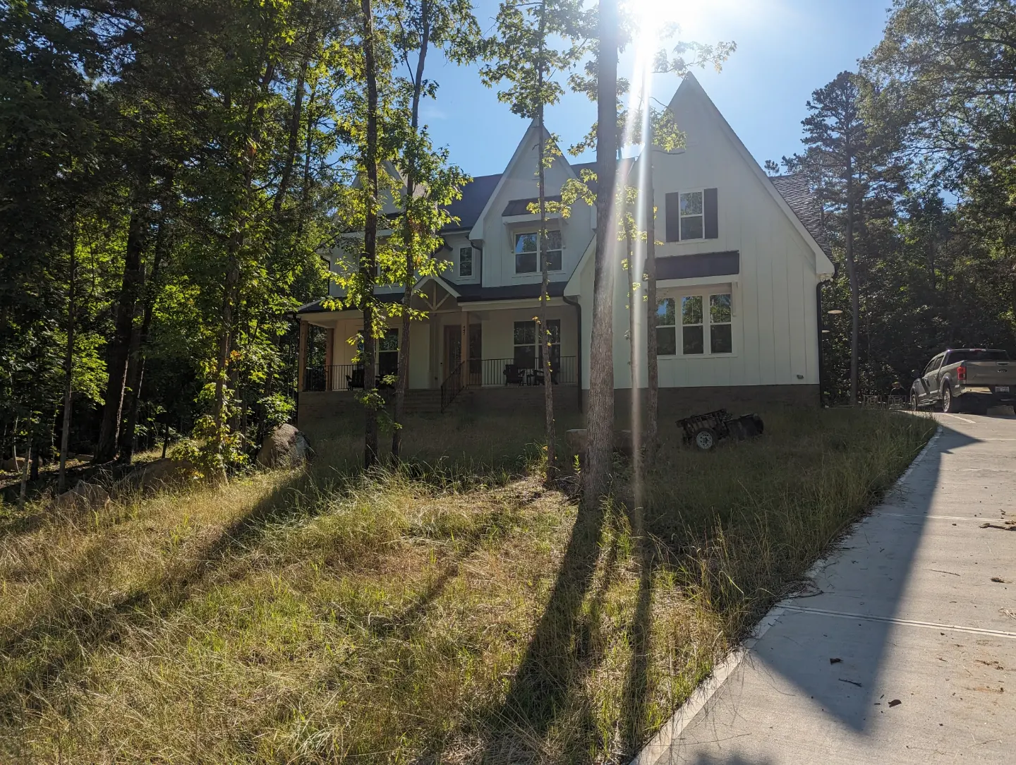 Natural stone steps leading down a sloped yard